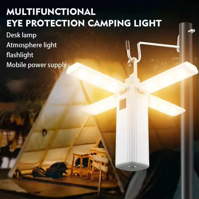 Rechargeable Camping Light Hook Tent Chandelier Multi-function Eye Protection Protable Flashlight Folding Handheld Hanging Lamps