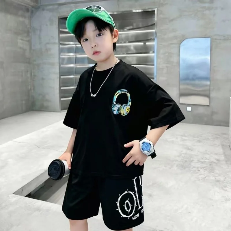 Black White Cotton Boys Clothes Sets Summer Rock Roll Hip Hop Letter T-Shirt + Shorts 2PCS Outfits Sport Kids Clothing Teen 4-14