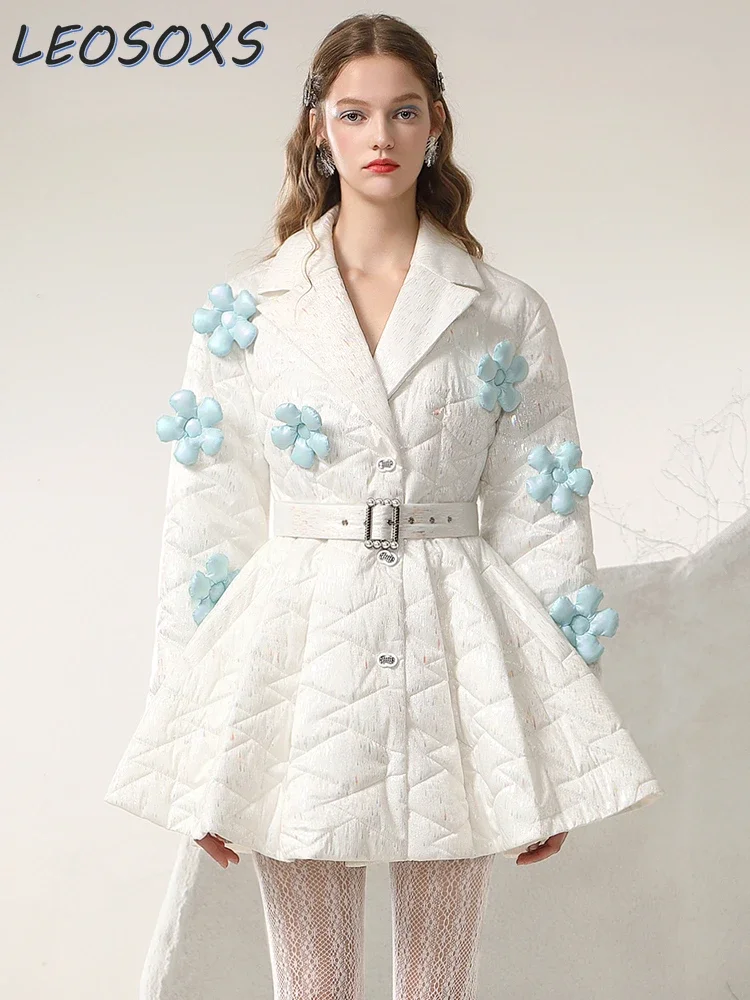 Women\'s Winter 2023 New Colorful White Cotton Coat Sweet Princess Style Cotton-Padded Coat Three-Dimensional Flower Design Coats