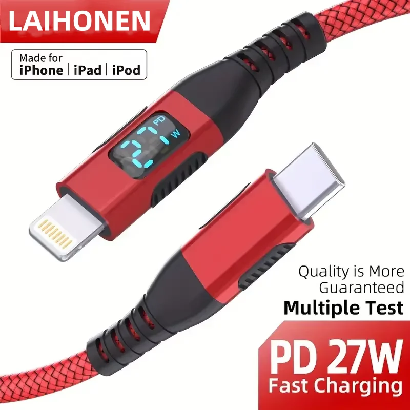MFi-zertifiziertes USB-C-auf-Lightning-Kabel, LED-Anzeige, PD-Schnellladung, intelligente Ladeanzeige, rotes geflochtenes Nylon für iPhone 14