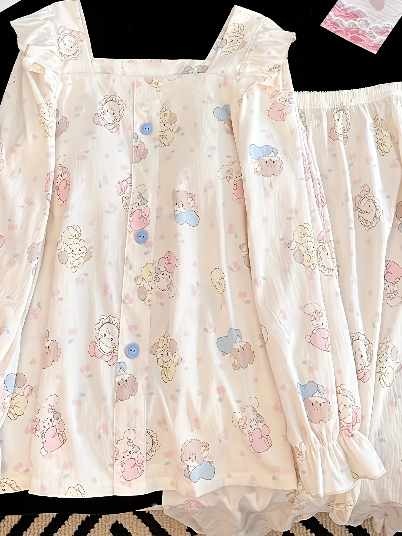 New Autumn/Winter Women's Pajama Set - Ins-Style Cartoon Bear-Printed Pajamas with Square Neck and Lace Trim, Sweet-Style Wearab