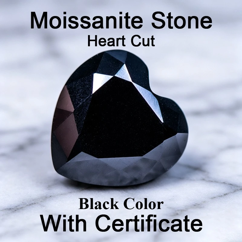 Moissanite Stone Heart Cut Black Color Lab Grown Gemstone for Ring Necklace Earrings Making Pass Diamond Tester with Certificate