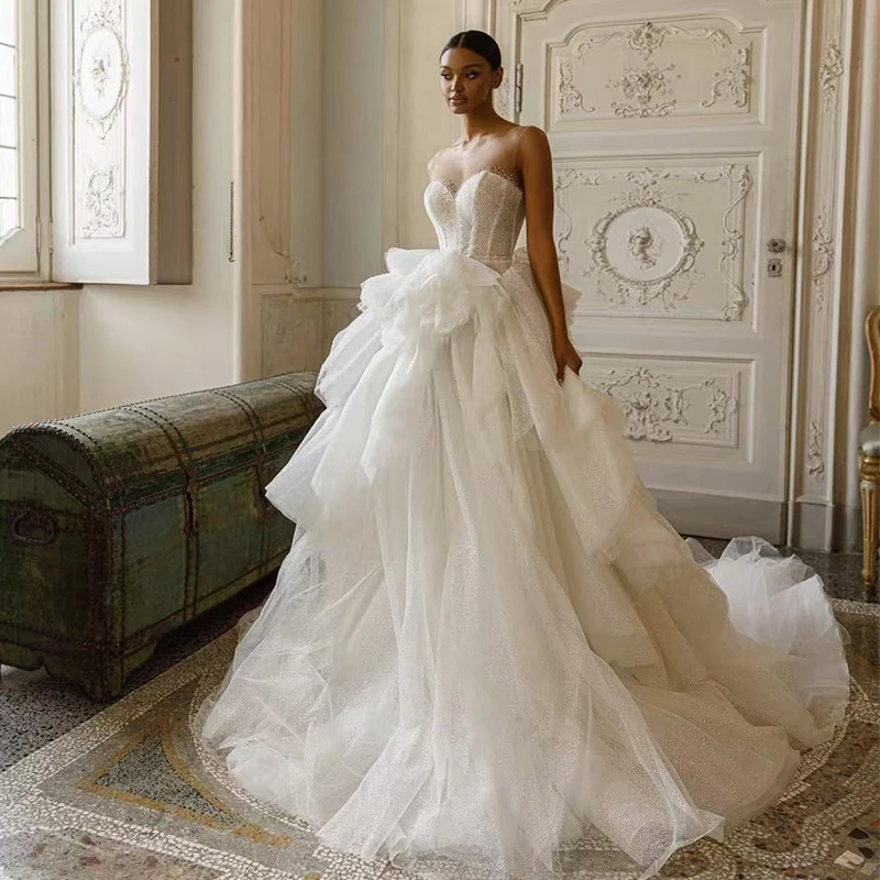 

Romantic Wedding Dress Organza With Embroidery A-Line Floor Length Ballgown O-Neck Sleeveless Customized Vestido De Novia Zipper