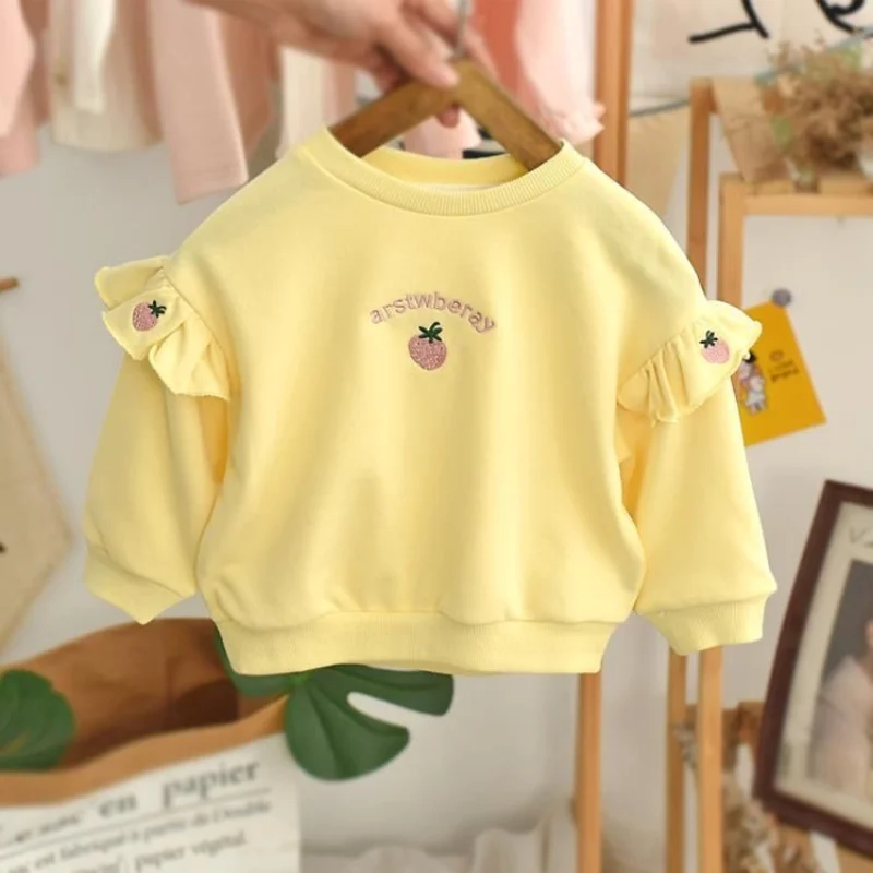 Children\'s Clothing Spring and Autumn New Trend Printing Fashion Ruffle Versatile Round Neck Long Sleeve Solid Color Sweatshirts