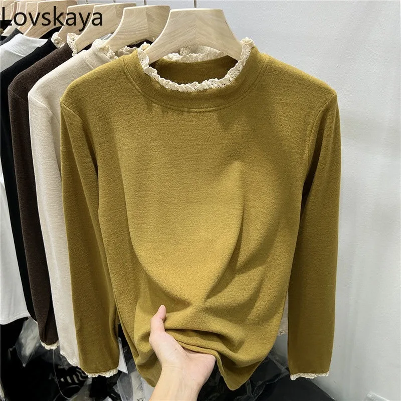 

Slim fit and slimming effect paired with warm top clothing high-end lace velvet half high collar bottom sweater for women