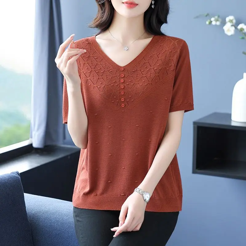 Short-sleeved Top Summer Knitwear New Hollow Ice Silk Fashionable Half-sleeve Loose Thin Style