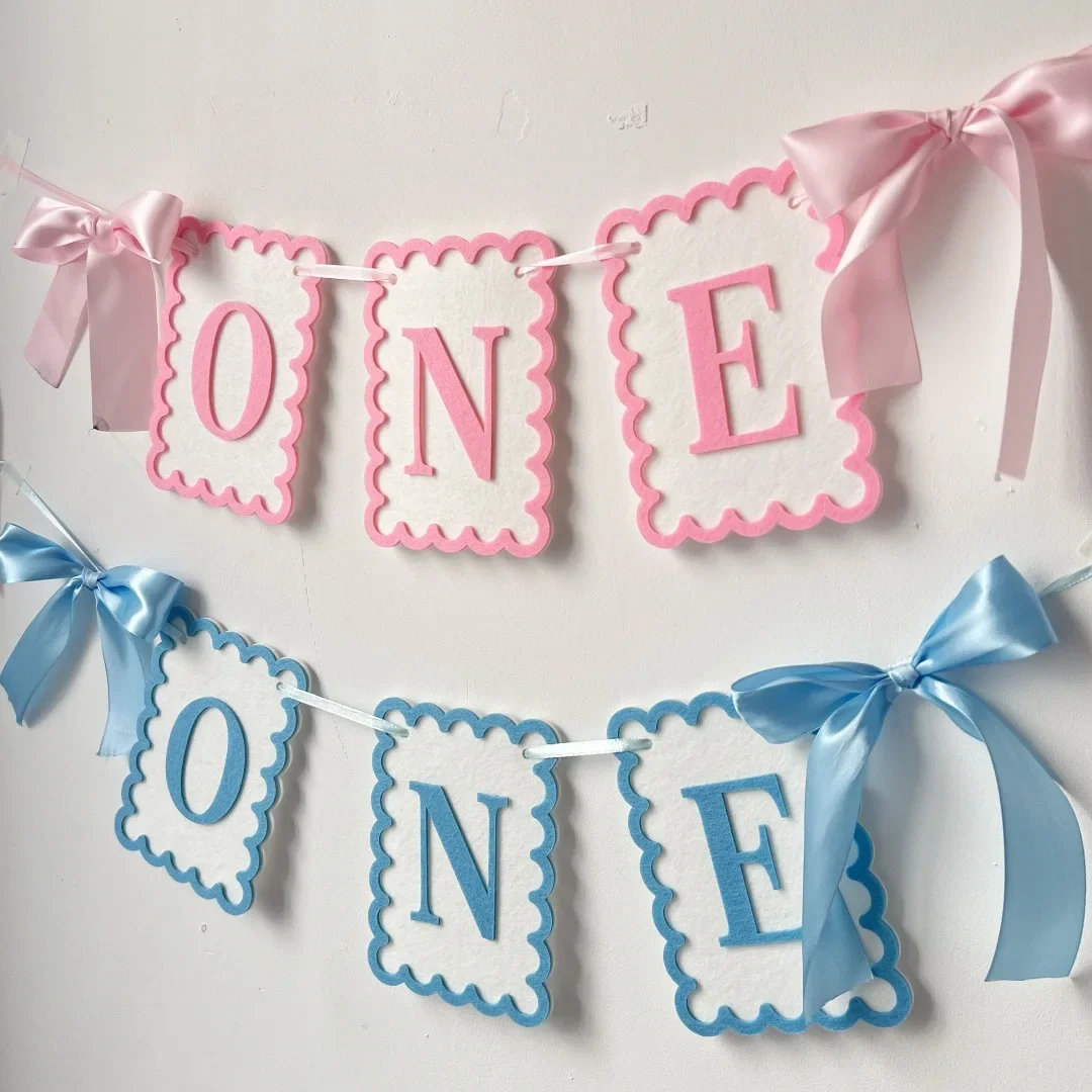 INS Style Bow ONE Non Woven Felt Banner Hat 1st Birthday Chair Garland Photo Props for Kids Birthday Baby Shower Party Decor