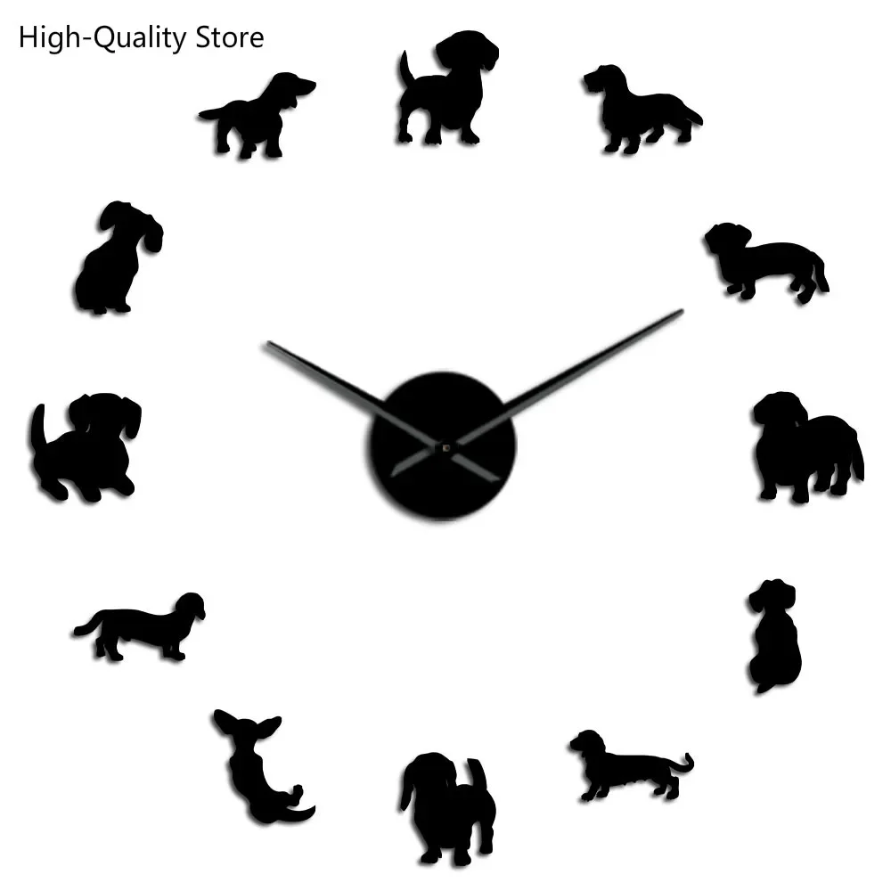 Reloj de pared gigante sin marco para perro y mascota, arte de pared de perro salchicha DIY de alta calidad con efecto espejo, reloj de pared grande para perro salchicha