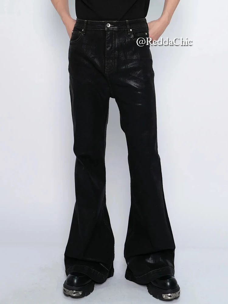 REDDACHIC Belt Flowy Glossy Black Trousers Men Wax Coated Flare Jeans Buttoned Skinny Stretch Bootcut Pants Hiphop Retro Clothes