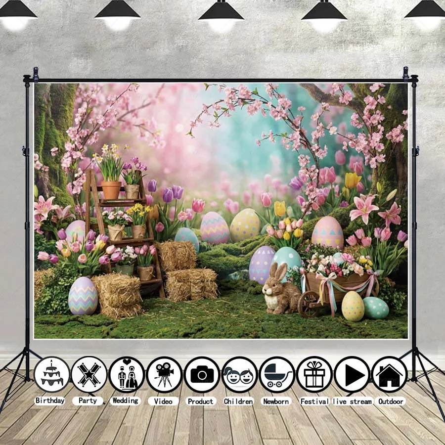 

MOON.QG Easter Day Photographic Background Farm Rabbit Eggs Flower Backdrop Kids Decor Photography Accessories Photozone Props
