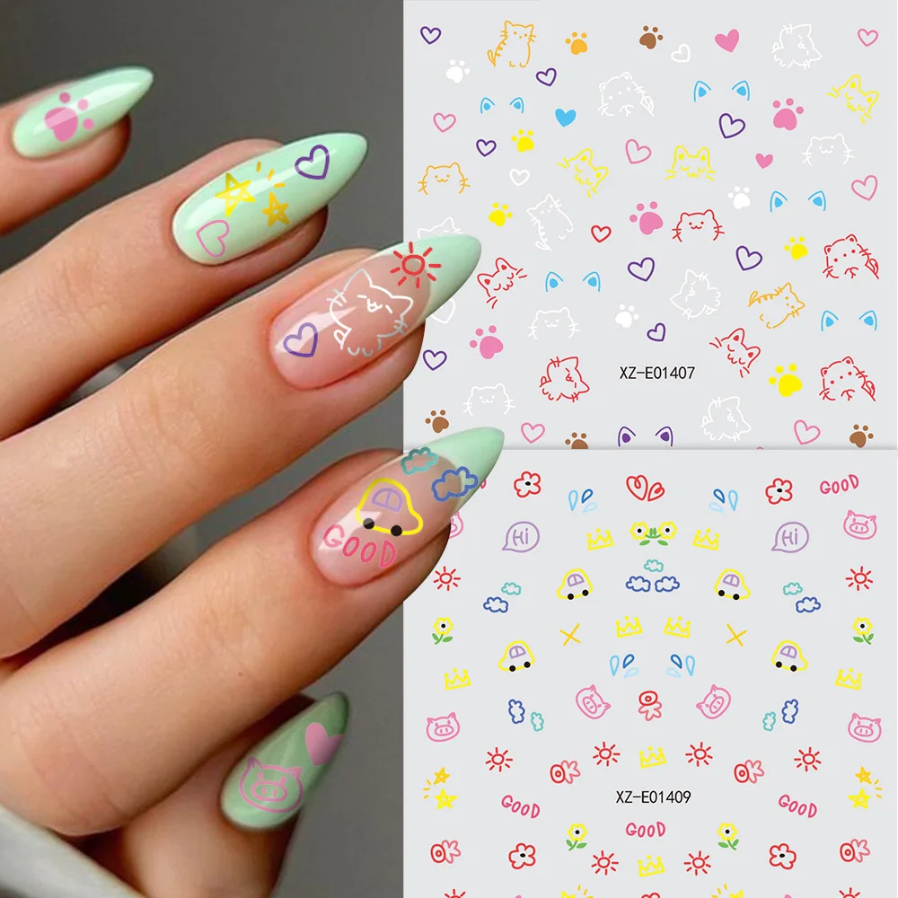1Pc Cartoon Cat Rabbit Animal Nail Stickers 3D Cute Cherry Lemon Fruit Adhesive Decals Heart Butterfly Floral Manicure Sliders