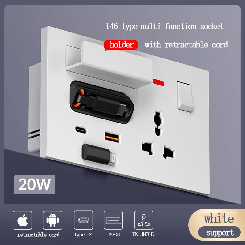 1Gang Universal Multi-Function Three-Hole Socket with USB Type-C 20W Fast Charging And 80CM Retractable Cable for Charging - 146