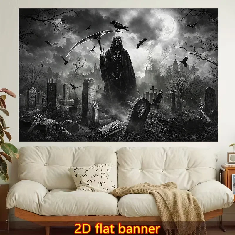1pc of a Trendy 2D Flat Printed Wall Tapestry Featuring The Grim Reaper in a Graveyard Under a Full. It Boasts Colorful Aesthetics, Making It Ideal for Decorating Living Rooms, Bedrooms