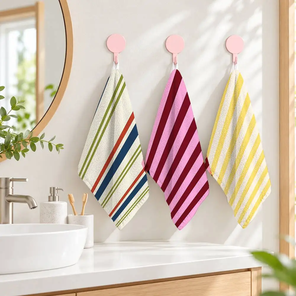 Luxury Saturated Two Color Vertical Stripes Cartoon Printed Small Hand Towel Polyester Soft Towel For Bathroom Kitchen Home Use