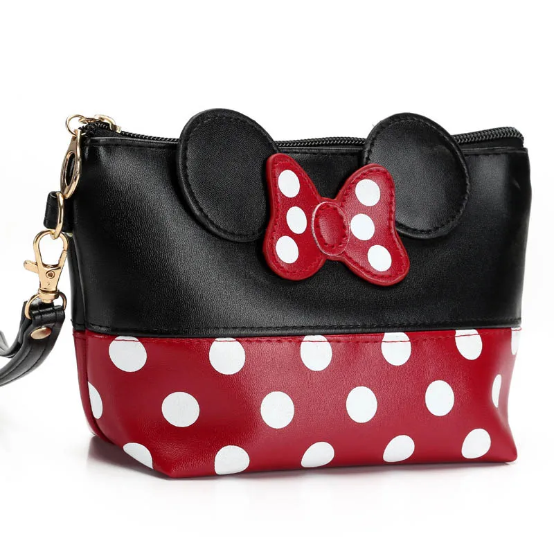 New PU Coin Purse Disney Minnie Mouse Bowknot Women Mini Wallet Fashion Girls Cosmetic Make Up Storage Bag