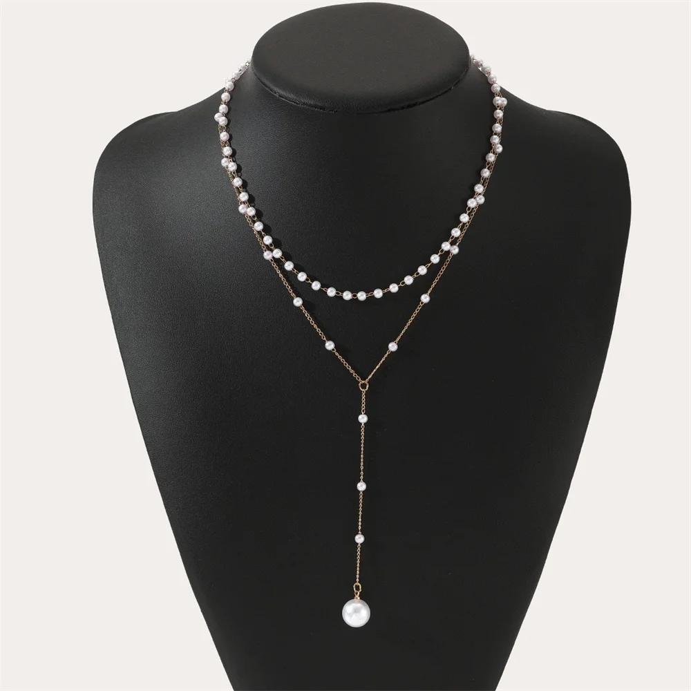 New Tassel Imitation Pearl Necklace for Girl Women Fashion Double Layer Round Beads Choker Gift Party Wedding Jewelry