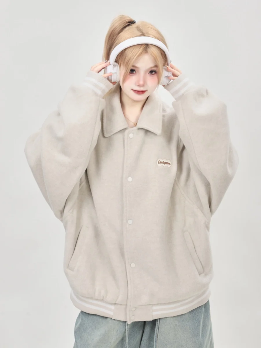 

Корейский женский свободный шерстяной бейсбольный костюм, весенне-осенний новый летный костюм, пальто с отложным воротником, Faion Commute Sle