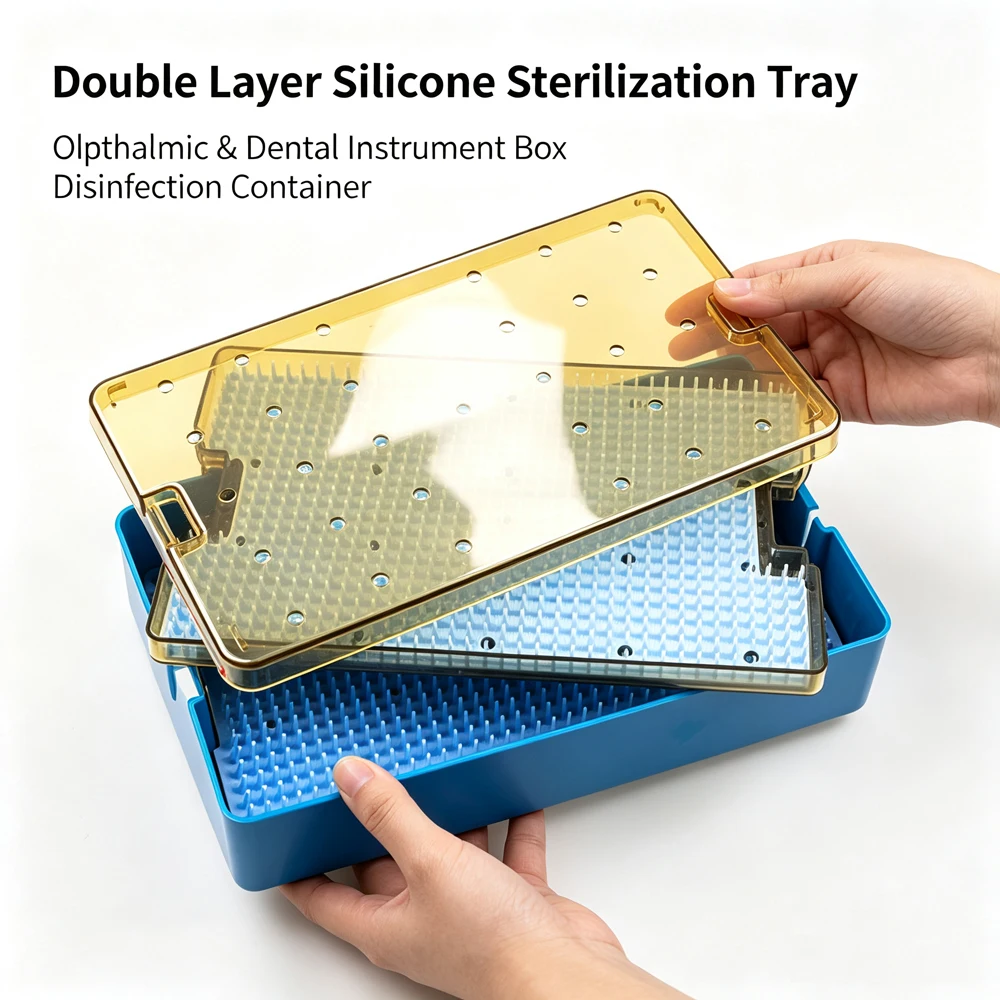 Double Layer Silicone Sterilization Tray Case for Ophthalmic Surgical & Dental Instruments Disinfection Box