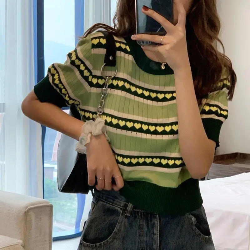 2024 Summer Women Large Size Knitting Short Sleeve T-shirt Ice Shreds Avocado Green Round Neck Contrasting Colors Casual Tops