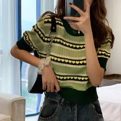 2024 Summer Women Large Size Knitting Short Sleeve T-shirt Ice Shreds Avocado Green Round Neck Contrasting Colors Casual Tops