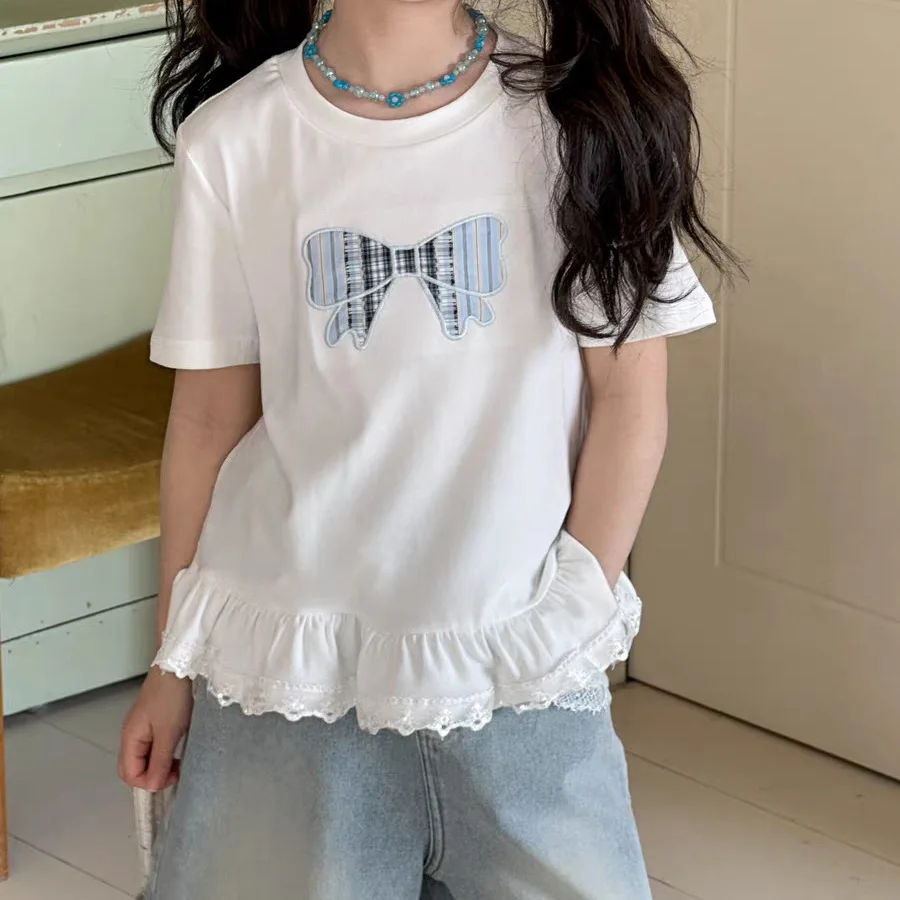 

Kids Girls T Shirts Summer Short Sleeve T-Shirt Children's Lace Bow Embroidered Tees Top