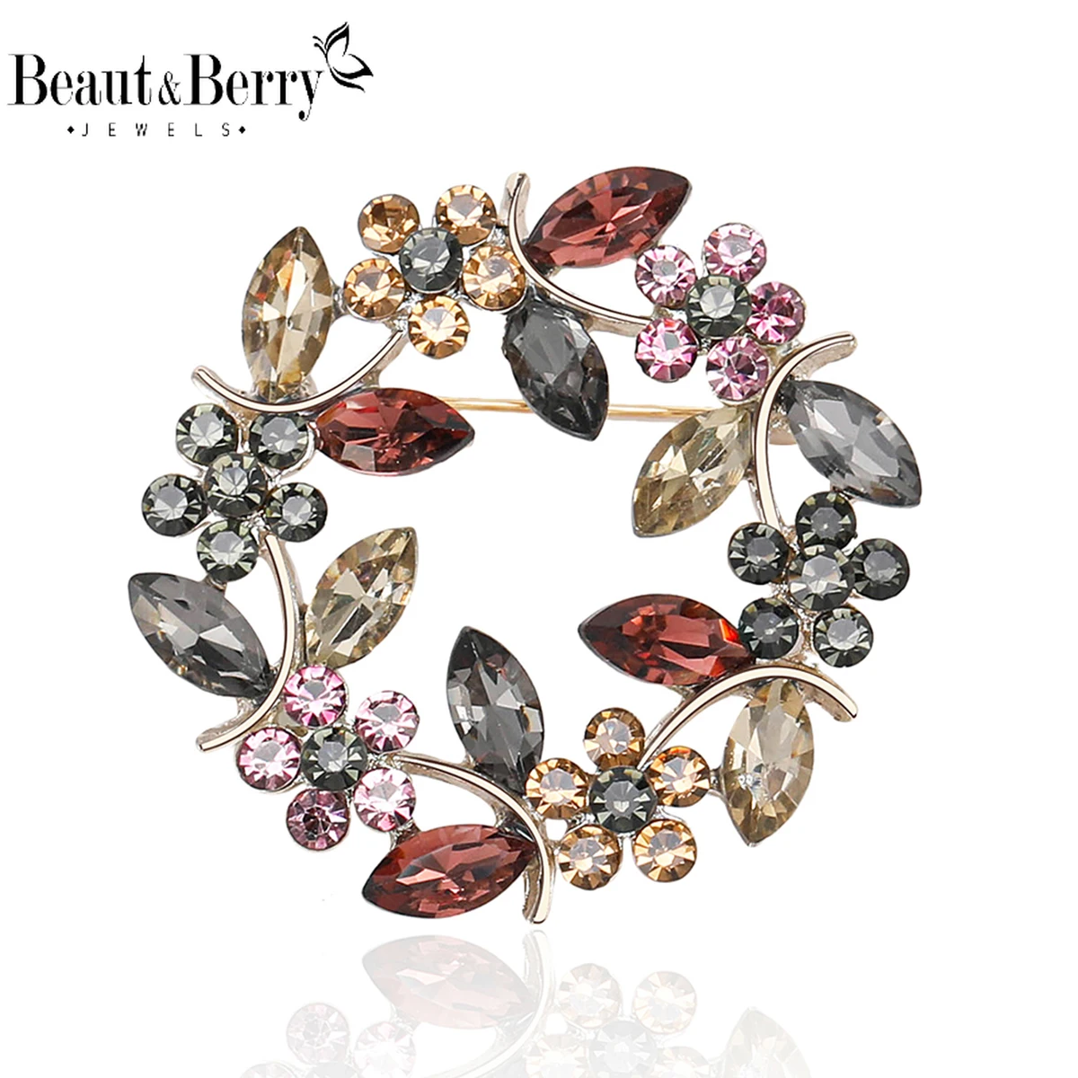 Beaut&Berry Luxury Crystal Wreath Brooches for Women Rhinestone Flower Pins Friends Party Gift Jewellery Accessories