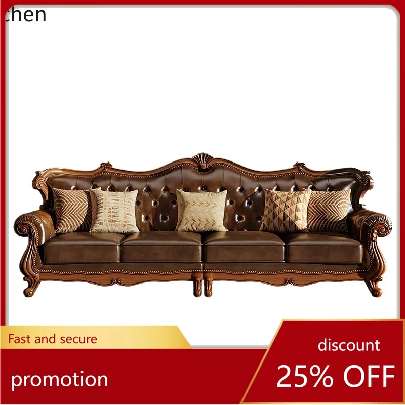 

H1 rural retro solid wood leather sofa first layer cowhide 123 combination simple beautiful living room villa four people