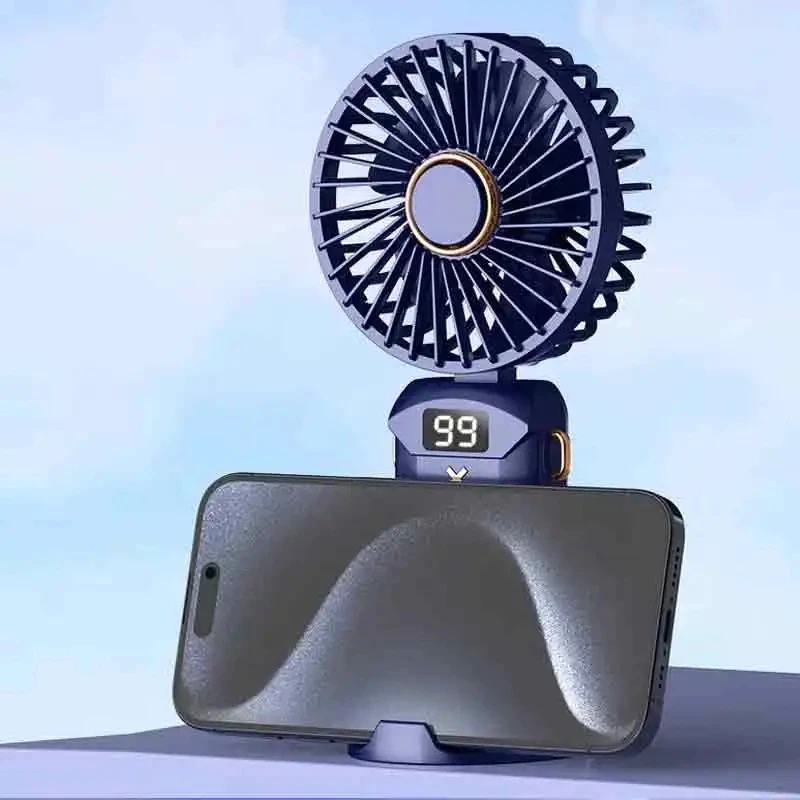 مروحة صغيرة محمولة قابلة للطي ومراوح معلقة على الرقبة 5 سرعات USB قابلة لإعادة الشحن مع حامل هاتف وشاشة عرض