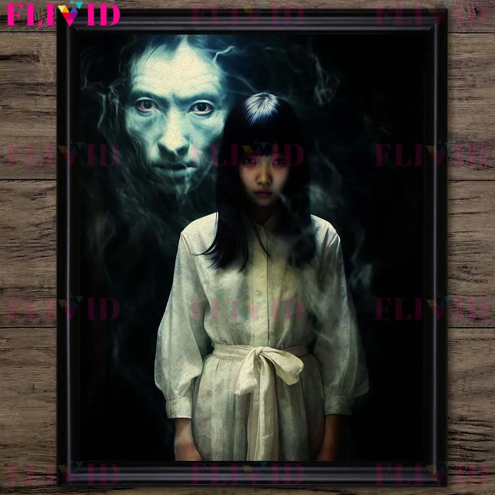 Asian Girl Followed By Devil Ghost Vintage Wall Art Canvas Painting Horror Girl Gothic Art Poster And Print Home Decor Unframed