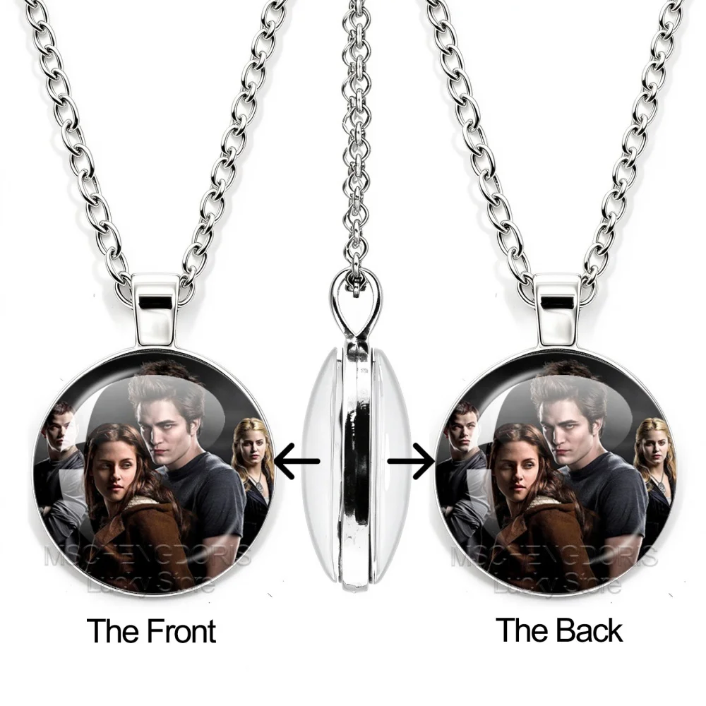 Bella Edward Silver Color Necklace Classic Movie Twilight Double Sided Glass Cabochon Pendant Necklace Jewelry Fans Gifts