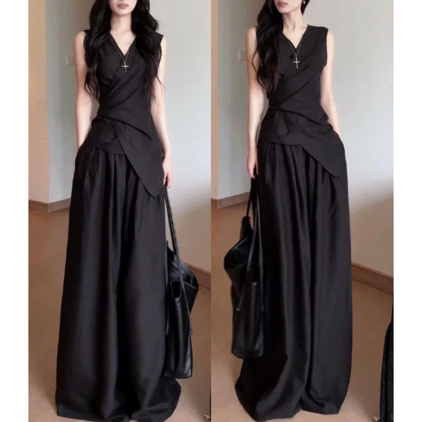 

Fashionable Women's Suit New French Style Black Sleeveless Top with Waist Cinching and Slimming Pants Two-piece Set