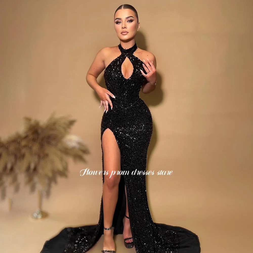 

Flowers Halter Evening Dress with Sequins Party Dress Mermaid Prom Dress Shiny High Slit Gala فساتين مناسبة رسمية Customized