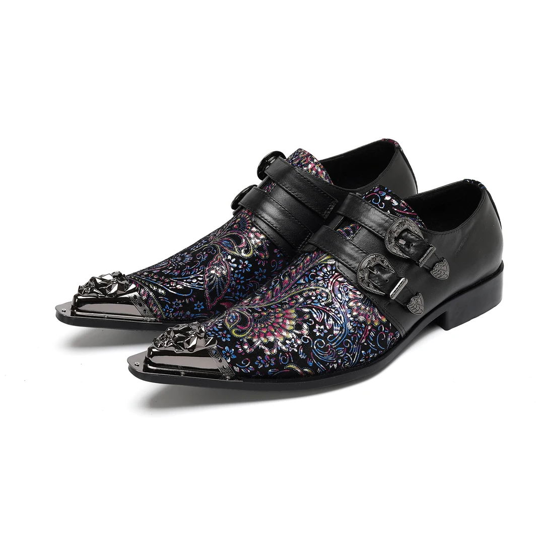 

Men's pointed leather shoes with metal decoration, top layer cowhide, casual British style men's embroidered leather shoes