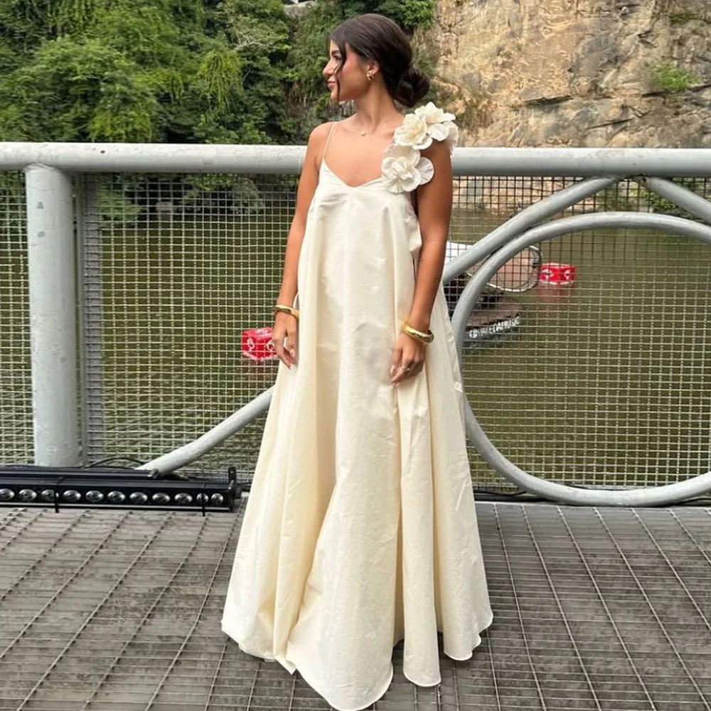 

Cozy Beige Loose A-line Satin Long Women Dresses With Handmade Flower Details Long Satin Robe Holiday Dresses