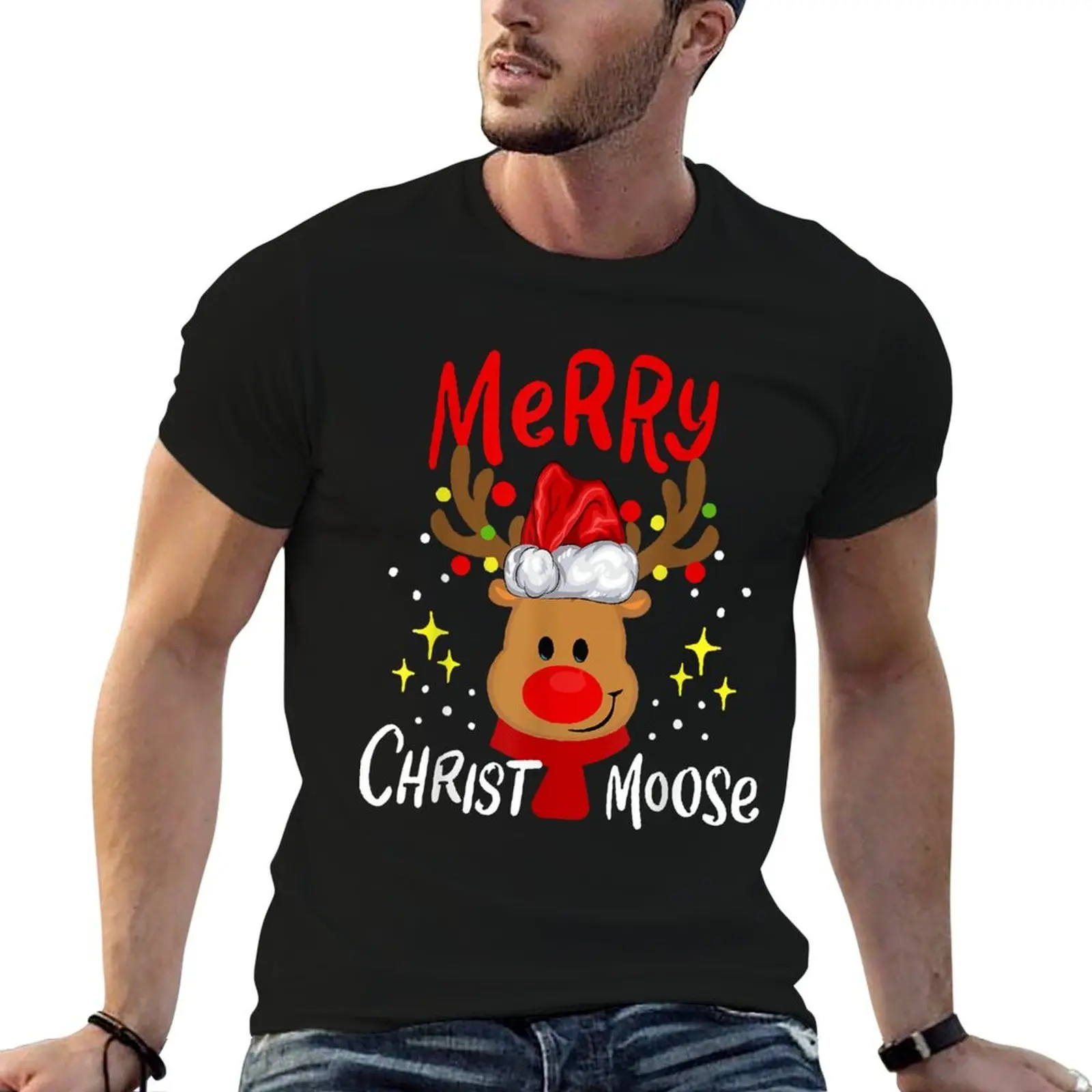 Feliz Navidad Navidad Moose Moose Reno ciervo Santa Hat camiseta camisetas para hombre gráfico divertido camiseta