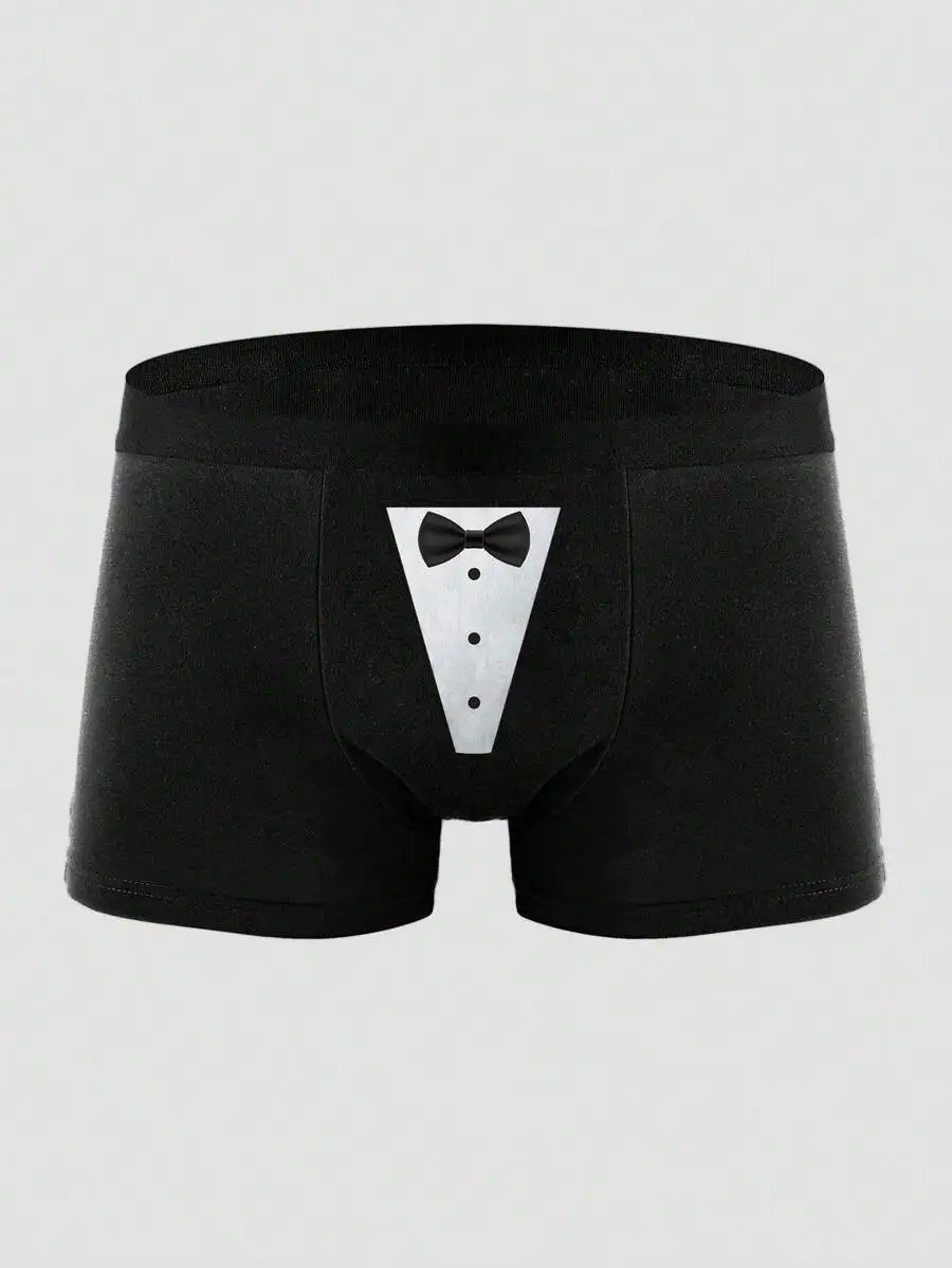 2 Pcs Mens Black Graphic Print Briefs Elastic Daily Underwear