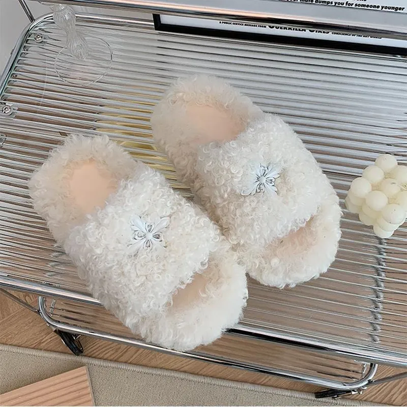 Women Fur Slippers New In Warm Fluffy Casual outdoor plush shoes fashion flat-bottomed plush slippers women shoes Slippers Flat