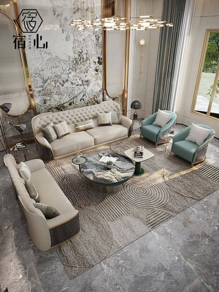 Italian post-modern light luxury sofa Solid wood layer leather large apartment high-end luxury villa living room sofa