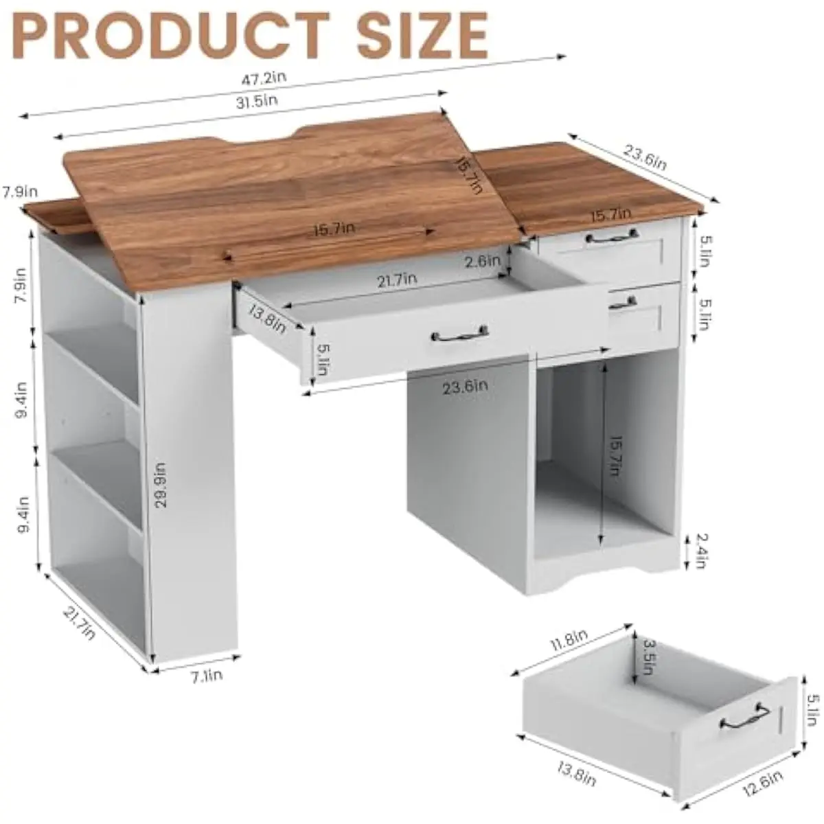 Adjustable Drafting Desk with 3-Tier Open Shelves, Storage Cabinet and Triple Drawers, White Art Deco Style Workstation for Sket
