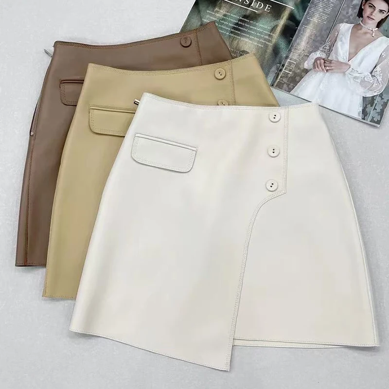 Women's Skirt Spring Autumn Women Sheepskin White/Coffee /Khaki Irregular A-Line Short Real Leather Mini Skirts Saia Feminina