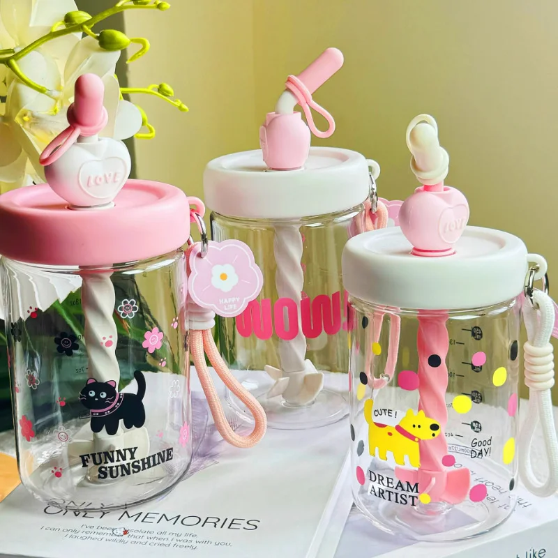 

Cute Pink Cat Stirring Straw Water Cup Portable Plastic Student Children'S Water Bottles Outdoor Camping Matcha Juice Drinkwaer