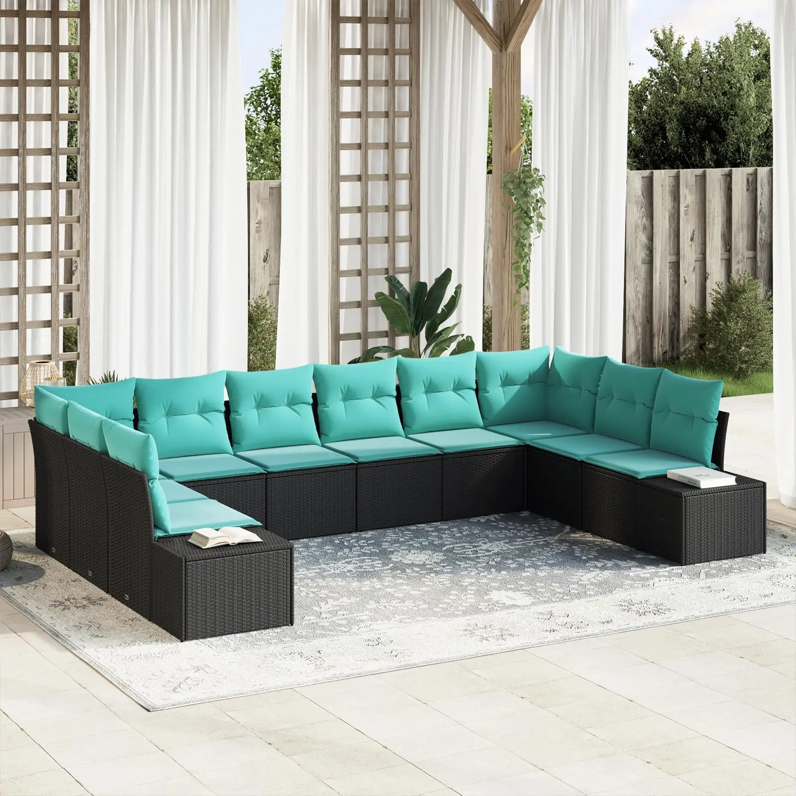 

Stylish 11 Piece Outdoor Sofa Set with Cushions Durable Black Poly Rattan Garden Furniture