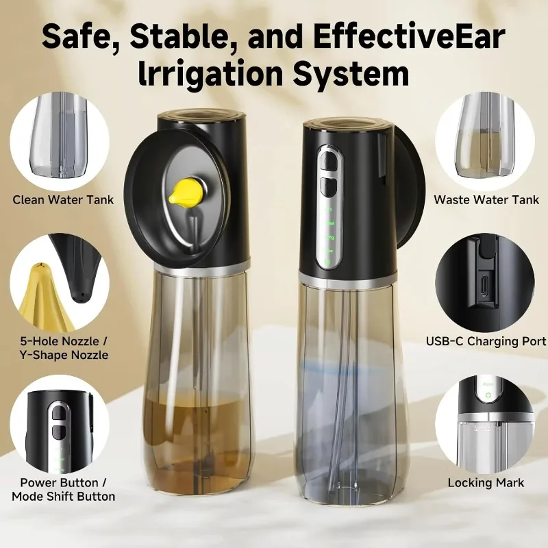 Upgraded earwax removal with integrated dual tank, ear rinse rinse system with 4 pressure settings and 6 nozzles
