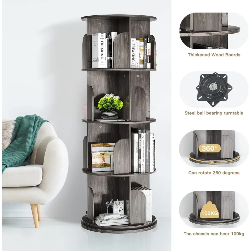 Rotating Bookshelf,Rotating Bookshelf Tower for Small Space,360Display 4Tier Floor Standing Storage Rack,Wood Narrow Book Shelf