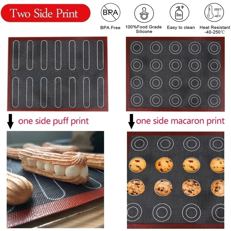 New Silicone 30x40cm Two Sided In One Printing Macaroon Puff Baking Mat Non Stick Pastry Oven Cake Perforated Sheet Liner Mat