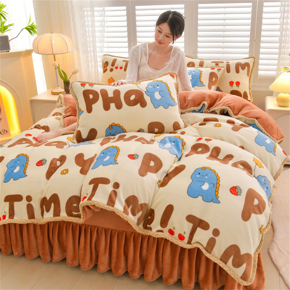 

Комплекты из четырех предметов из молочного флиса с принтом, легкий роскошный пододеяльник, наволочка, простыня, зимний утолщенный мягкий пододеяльник, комплект постельного белья