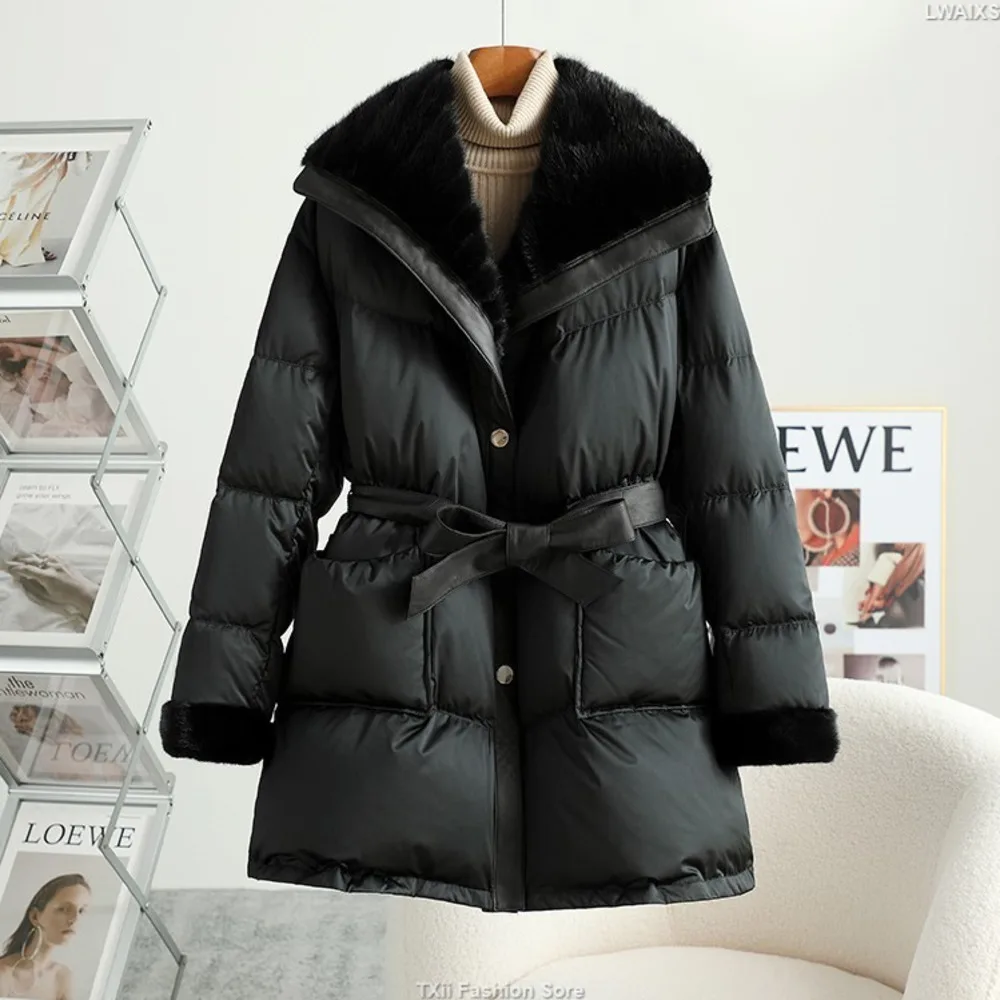 TXii Fashion Luxury Mink Collar Down Jacket With Waist showing slimming down jacket 2023 winter new mid length jacket for women