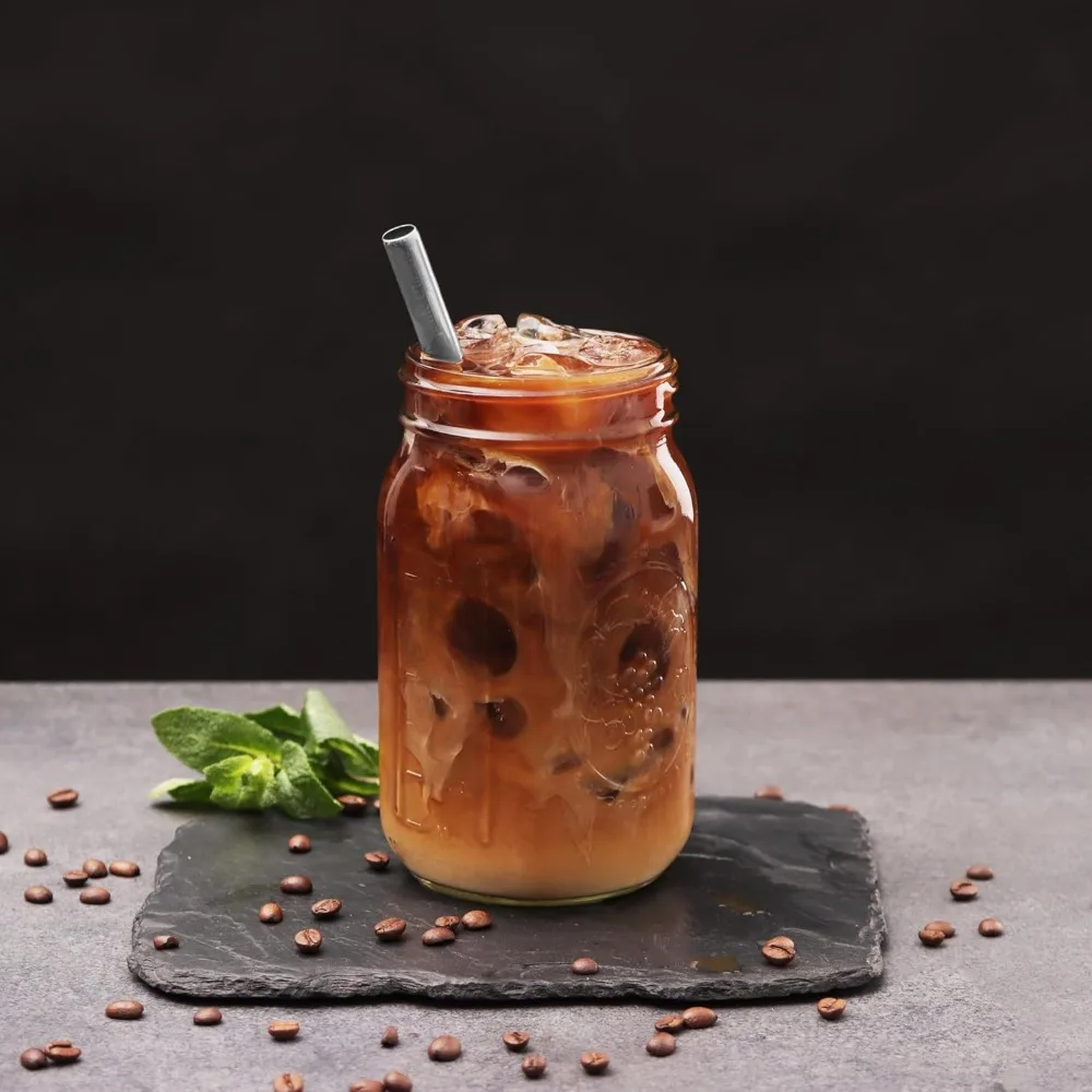 أكواب شاي بوبا ذات فم واسع قابلة لإعادة الاستخدام، أكواب شاي فقاعية مع أغطية وقش فضية، برطمانات ميسون، أكواب زجاجية (عبوة من قطعتين، 32 أونصة مولو #6