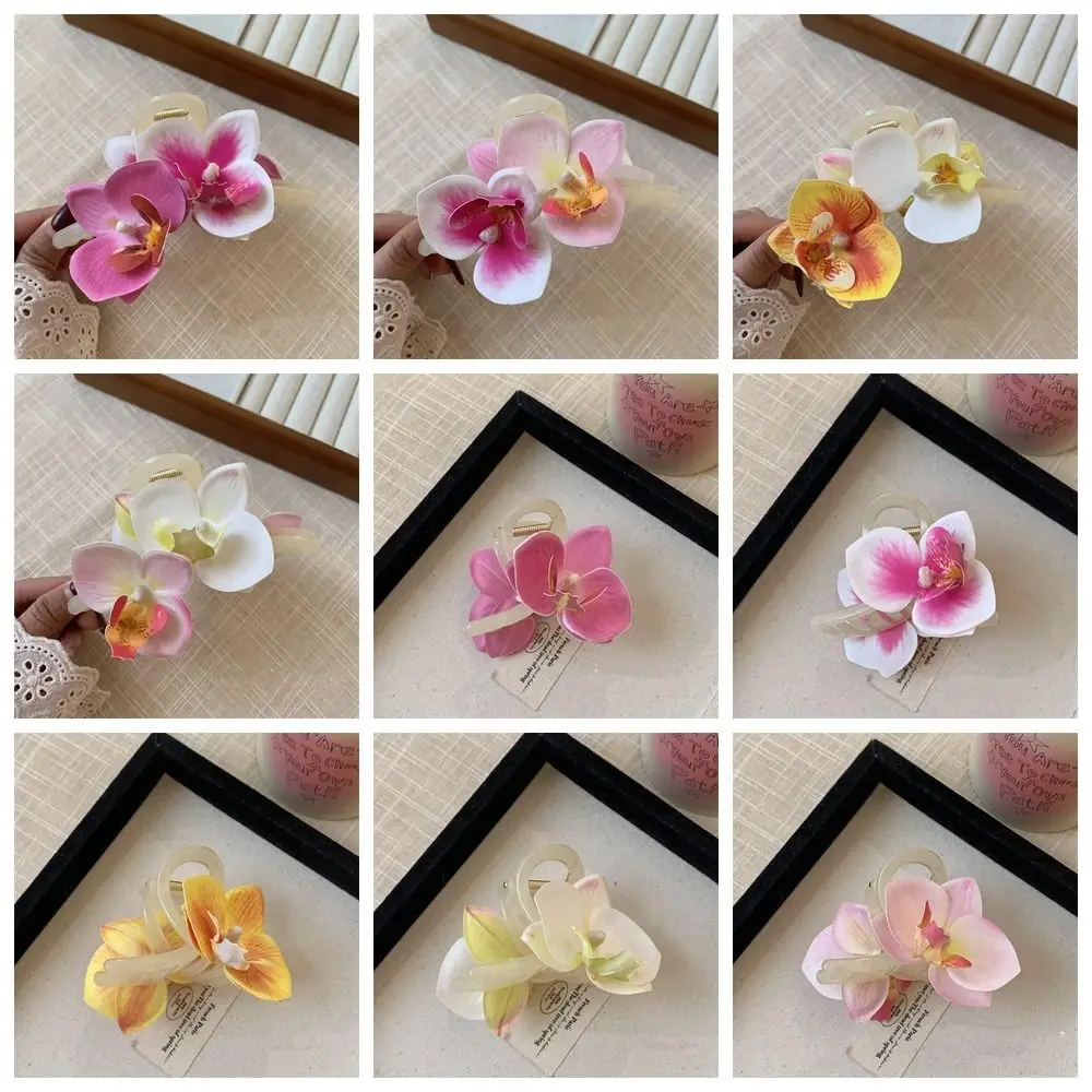 여아용 꽃 헤어 클로, 귀여운 나비 난초 보헤미아 바레트, 난초 헤어 클립, 상어 클립 그랩 클립, 대형 상어 클립