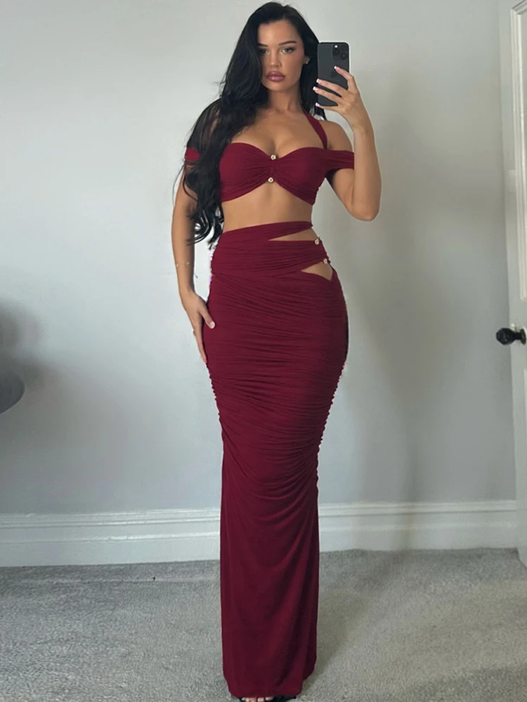 Weird Puss Sexy 2-Piece Set Women Y2K Halter One Shoulder Metal Knot Crop Tops+Hollow Long Skirts Beach Party Matching Outfits